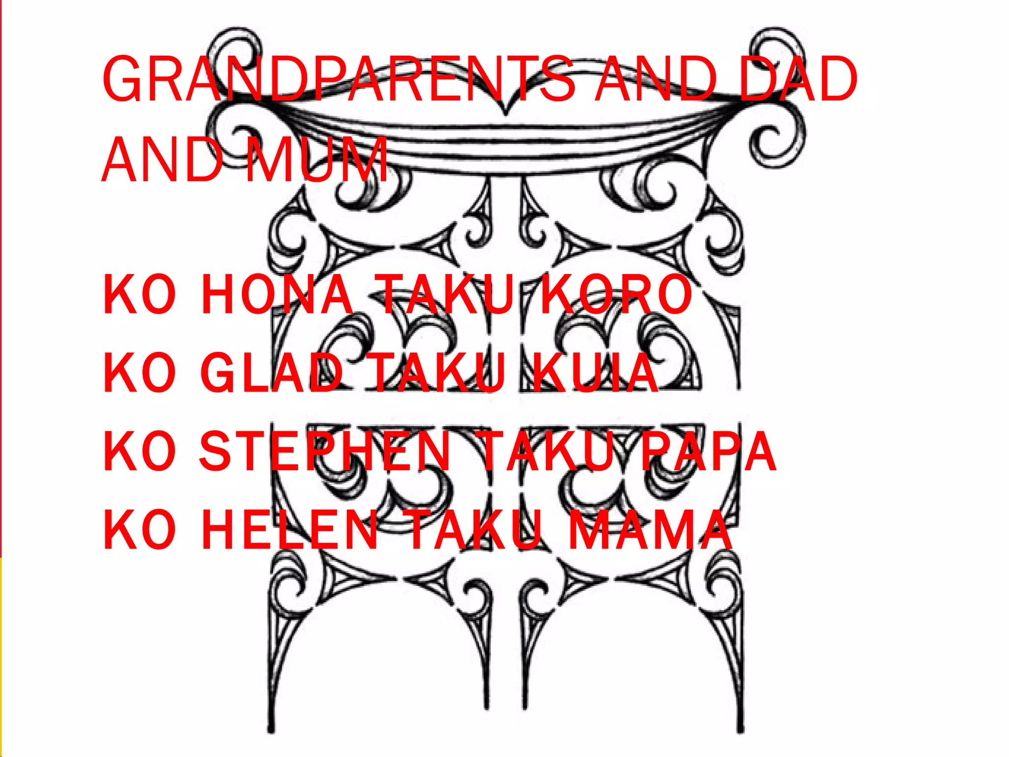 GRANDPARENTS AND DAD
AND MUM
KO HONA TAKU KORO
KO GLAD TAKU KUIA
KO STEPHEN TAKU PAPA
KO HELEN TAKU MAMA