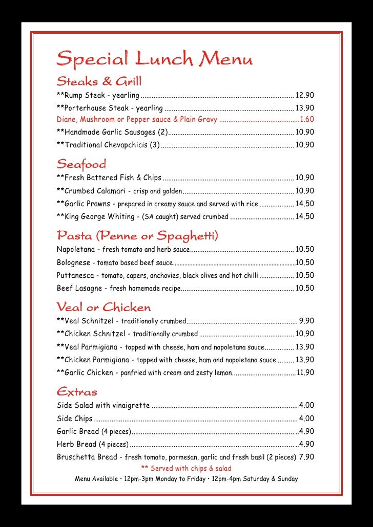 Daniel's Restaurant Menu