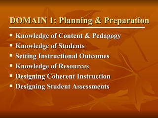 DOMAIN 1: Planning & Preparation Knowledge of Content & Pedagogy Knowledge of Students Setting Instructional Outcomes Knowledge of Resources Designing Coherent Instruction Designing Student Assessments 