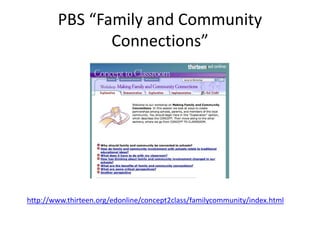 PBS “Family and Community
Connections”
http://www.thirteen.org/edonline/concept2class/familycommunity/index.html
 