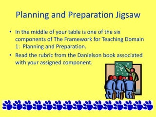 Planning and Preparation Jigsaw
• In the middle of your table is one of the six
components of The Framework for Teaching Domain
1: Planning and Preparation.
• Read the rubric from the Danielson book associated
with your assigned component.
 