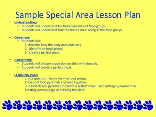 Sample Special Area Lesson Plan
• Understandings:
• Students will understand the food pyramid and food groups.
• Students will understand how to create a meal using all the food groups
• Objectives:
• Students will:
1. describe how the body uses nutrients
2. identify the food groups
3. create a perfect meal.
• Assessment:
• Students will answer a question on their whiteboards.
• Students will create a perfect meal.
• LEARNING PLAN
1. Ask question: Name the five food groups.
2 Pass out food pyramids and read together.
3. Students use pyramids to create a perfect meal. First writing in journal, then
creating a menu page or drawing the plate.
 