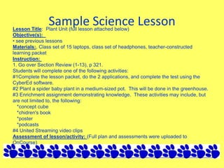 Sample Science LessonLesson Title: Plant Unit (full lesson attached below)
Objective(s):
• see previous lessons
Materials:, Class set of 15 laptops, class set of headphones, teacher-constructed
learning packet
Instruction:
1. Go over Section Review (1-13), p 321.
Students will complete one of the following activities:
#1Complete the lesson packet, do the 2 applications, and complete the test using the
CyberEd software.
#2 Plant a spider baby plant in a medium-sized pot. This will be done in the greenhouse.
#3 Enrichment assignment demonstrating knowledge. These activities may include, but
are not limited to, the following:
*concept cube
*chidren's book
*poster
*podcasts
#4 United Streaming video clips
Assessment of lesson/activity: (Full plan and assessments were uploaded to
OnCourse)
 