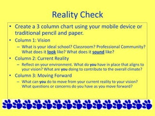 Reality Check
• Create a 3 column chart using your mobile device or
traditional pencil and paper.
• Column 1: Vision
– What is your ideal school? Classroom? Professional Community?
What does it look like? What does it sound like?
• Column 2: Current Reality
– Reflect on your environment. What do you have in place that aligns to
your vision? What are you doing to contribute to the overall climate?
• Column 3: Moving Forward
– What can you do to move from your current reality to your vision?
What questions or concerns do you have as you move forward?
 