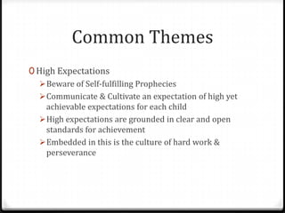 Common Themes
0 High Expectations
   Beware of Self-fulfilling Prophecies
   Communicate & Cultivate an expectation of high yet
    achievable expectations for each child
   High expectations are grounded in clear and open
    standards for achievement
   Embedded in this is the culture of hard work &
    perseverance
 