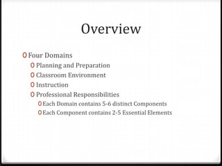 Overview
0 Four Domains
   0 Planning and Preparation
   0 Classroom Environment
   0 Instruction
   0 Professional Responsibilities
     0 Each Domain contains 5-6 distinct Components
     0 Each Component contains 2-5 Essential Elements
 