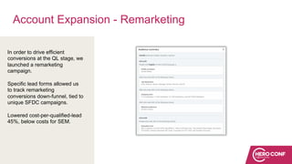 Account Expansion - Remarketing
In order to drive efficient
conversions at the QL stage, we
launched a remarketing
campaign.
Specific lead forms allowed us
to track remarketing
conversions down-funnel, tied to
unique SFDC campaigns.
Lowered cost-per-qualified-lead
45%, below costs for SEM.
 