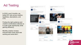 Ad Testing
In 2018, over 8 months, we
tested 221 ads across creative,
headlines, descriptions, and
CTA.
Finding the right audience and
creative combinations allowed us
to scale scale significantly while
gaining efficiency.
Monthly creative reviews
ensured team knew what was
working and what didn’t.
 