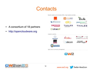 Contacts

●

A consortium of 18 partners

●

http://opencloudware.org

10

www.ow2.org

Twitter #ow2con

 