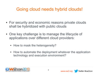 Going cloud needs hybrid clouds!
●

●

For security and economic reasons private clouds
shall be hybridized with public clouds
One key challenge is to manage the lifecycle of
applications over different cloud providers:
●

●

How to mask the heterogeneity?
How to automate the deployment whatever the application
technology and execution environment?

2

www.ow2.org

Twitter #ow2con

 