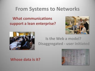 From Systems to Networks
What communications support a lean enterprise?
Is the Web a model? Disaggregated - user initiated
Whose data is it?