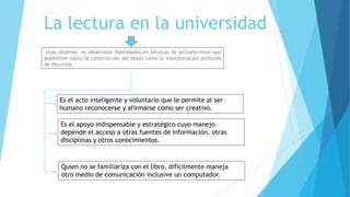 La lectura en la universidad
cuyo objetivo es desarrollar habilidades en técnicas de lectoescritura que
posibiliten tanto la construcción del texto como la interpretación profunda
de discursos.
Es el acto inteligente y voluntario que le permite al ser
humano reconocerse y afirmarse como ser creativo.
Es el apoyo indispensable y estratégico cuyo manejo
depende el acceso a otras fuentes de información, otras
disciplinas y otros conocimientos.
Quien no se familiariza con el libro, difícilmente maneja
otro medio de comunicación inclusive un computador.
 