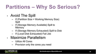 Partitions – Why So Serious?
• Avoid The Spill
– If (Partition Size > Working Memory Size)
Spill
– If (Storage Memory Available) Spill to
Memory
– If (Storage Memory Exhausted) Spill to Disk
– If (Local Disk Exhausted) Fail Job
• Maximize Parallelism
– Utilize All Cores
– Provision only the cores you need
24#UnifiedAnalytics #SparkAISummit
 