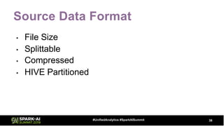 Source Data Format
• File Size
• Splittable
• Compressed
• HIVE Partitioned
38#UnifiedAnalytics #SparkAISummit
 