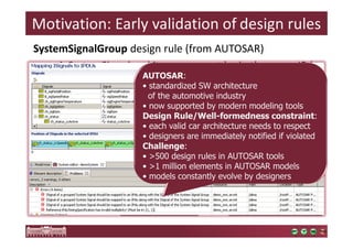 Motivation: Early validation of design rules 
SystemSignalGroup design rule (from AUTOSAR) 
o A SystemSignal and its group must be in the same IPdu 
o Challenge: find violations quickly in large models 
o New difficulties 
• reverse 
navigation 
• complex 
manual 
solution 
AUTOSAR: 
• standardized SW architecture 
of the automotive industry 
• now supported by modern modeling tools 
Design Rule/Well-formedness constraint: 
• each valid car architecture needs to respect 
• designers are immediately notified if violated 
Challenge: 
• 500 design rules in AUTOSAR tools 
• 1 million elements in AUTOSAR models 
• models constantly evolve by designers 
 