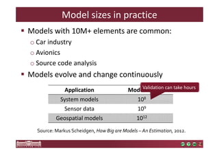 Model sizes in practice 
 Models with 10M+ elements are common: 
o Car industry 
o Avionics 
o Source code analysis 
 Models evolve and change continuously 
Validation can take hours 
Application Model size 
System models 108 
Sensor data 109 
Geospatial models 1012 
Source: Markus Scheidgen, How Big are Models – An Estimation, 2012. 
 