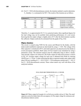 130 CHAPTER 4 Full-Wave Rectifiers
(b) For R  50  with discontinuous current, the iteration method is used to determine
Vo. Initially, Vo is estimated to be 90 V. The results of the iteration are as follows:
Estimated Vo  Calculated Vo
90 1.12 2.48 38.8 (Estimate is too high)
80 0.93 2.89 159 (Estimate is too low)
85 1.12 2.70 88.2 (Estimate is slightly low)
86 1.04 2.66 76.6 (Estimate is too high)
85.3 1.02 2.69 84.6 (Approximate solution)
Therefore, Vo is approximately 85.3 V. As a practical matter, three significant figures for
the load voltage may not be justified when predicting performance of a real circuit.
Knowing that the output voltage is slightly above 85 V after the third iteration is proba-
bly sufficient. Output could also be estimated from the graph of Fig. 4-8d.
PSpice Solution
The circuit is created using VSIN for the source and Dbreak for the diodes, with the
diode model modified to represent an ideal diode by using n  0.01. The voltage of the
filter capacitor is initialized at 90 V, and small capacitors are placed across the diodes to
avoid convergence problems. Both values of R are tested in one simulation by using a
parametric sweep. The transient analysis must be sufficiently long to allow a steady-
state periodic output to be observed. The Probe output for both load resistors is shown
in Fig. 4-9. Average output voltage for each case is obtained from Probe by entering
AVG(V(out)V(out)) after restricting the data to represent steady-state output (after
about 250 ms), resulting in Vo  63.6 V for R  5  (continuous current) and Vo  84.1 V
for R  50  (discontinuous current). These values match very well with those of the
analytical solution.
D1
Dbreak
D3
FULL-WAVE RECTIFIER WITH AN L–C FILTER
D2
1p
1p
1p
1 2 out+
out–
C1
10000u
R1
(R)
PARAMETERS:
R = 5
L1 5 m
1p D4
VOFF = 0
VAMPL = 100
FREQ = 60
Vs
0
+
–
(a)
Figure 4-9 PSpice output for Example 4-6. (a) Full-wave rectifier with an LC filter. The small
capacitors across the diodes help with convergence; (b) The output voltage for continuous and
discontinuous inductor current.
har80679_ch04_111-170.qxd 12/15/09 3:48 PM Page 130
 