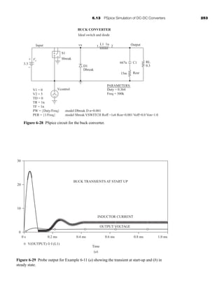 6.13 PSpice Simulation of DC-DC Converters 253
V1 = 0
V2 = 5
TD = 0
TR = 1n
TF = 1n
PW = {Duty/Freq}
PER = {1/Freq}
Vcontrol
Input
BUCK CONVERTER
Ideal switch and diode
Vs
3.3
L1 1u
2
1
667u C1
15m Resr
RL
0.3
Dbreak
D1
vx
S1
Output
Sbreak
−
+
+ −
+
−
+
PARAMETERS:
Duty = 0.364
Freq = 500k
.model Dbreak D n=0.001
.model Sbreak VSWITCH Roff =1e6 Ron=0.001 Voff=0.0 Von=1.0
Figure 6-28 PSpice circuit for the buck converter.
(a)
30
20
10
BUCK TRANSIENTS AT START UP
OUTPUT VOLTAGE
Time
INDUCTOR CURRENT
0
0 s 0.2 ms 0.4 ms 0.6 ms 0.8 ms 1.0 ms
V(OUTPUT) I (L1)

Figure 6-29 Probe output for Example 6-11 (a) showing the transient at start-up and (b) in
steady state.
har80679_ch06_196-264.qxd 12/16/09 12:29 PM Page 253
 
