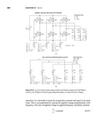 380 CHAPTER 8 Inverters
saturation. It is desirable to keep the air-gap flux constant and equal to its rated
value. This is accomplished by varying the applied voltage proportionally with
frequency. The ratio of applied voltage to applied frequency should be constant.
(8-47)
V
f
 constant
Figure 8-31 (a) A six-step inverter using switches and diodes (requires the full PSpice
version); (b) A PSpice circuit for generating three-phase six-step converter voltages.
(a)
(b)
V1 = 0
V2 = {Vdc}
TD = 0
TR = 1n
TF = 1n
PW = {1/(2*freq–2n)}
PER = {1/(freq)}
V1 = 0
V2 = {Vdc}
TD = {1/(3*freq)}
TR = 1n
TF = 1n
PW = {1/(2*freq–2n)}
PER = {1/(freq)}
V1 = 0
V2 = {Vdc}
TD = {2/(3*freq)}
TR = 1n
TF = 1n
PW = {1/(2*freq–2n)}
PER = {1/(freq)}
VA VB
SIX-STEP INVERTER EQUIVALENT
+
–
+
–
+
–
VC RA
LA
1
2
1
2
1
2
N
{R}
{L}
RB
LB
{R}
{L}
RC
LC
{R}
{L}
C
B
A
PARAMETERS:
Vdc = 100
freq = 60
R = 10
L = 20m
+
S1
D1
A
B
C
RA
LA
{R}
{L}
RB
LB
{R}
{L}
RC
LC
{R}
{L}
2 2 2
1 1 1
N
0
–
+
–
+
S4
D4
0
0
V14
V1 = –1
V2 = 1
TD = 0
TR = 1n
TF = 1n
PW = {1/(2*f)}
PER = {1/f}
V1 = –1
V2 = 1
TD = {1/(3*f)}
TR = 1n
TF = 1n
PW = {1/(2*f)}
PER = {1/f}
V1 = –1
V2 = 1
TD = {1/(6*f)}
TR = 1n
TF = 1n
PW = {1/(2*f)}
PER = {1/f}
V36
–
+
–
+
–
+
S3
D3
0
–
+
–
+
S5
THREE–PHASE SIX-STEP INVERTER
D5
PARAMETERS:
f = 60
R = 10
L = 20m
0
–
+
–
+
–
0
0
+
–
V25
Set ITL4 = 100
0
+
–
+
S6
D6
0
–
+
–
+
S2
D2
0
–
+
–
100
V1
har80679_ch08_331-386.qxd 12/16/09 2:55 PM Page 380
 