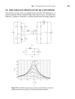 9.6 The Parallel Resonant DC-DC Converter 415
9.6 THE PARALLEL RESONANT DC-DC CONVERTER
The converter in Fig. 9-10a is a parallel dc-dc converter. The capacitor Cr is
placed in parallel with the rectifier bridge rather than in series. An output filter
inductor Lo produces essentially a constant current from the bridge output to
Vs
S1 D1
D2
(a)
(b)
2.4
2.0
1.6
1.2
0.8
0.4
0.6 0.8 1.0 1.2 1.4
(c)
S2
Lr
RL
Vs
Co Co
Lo
2
+
+
-
Vo
+
+
+
-
-
-
-
Vs
jXL
-jXC
Re
2
+
+
-
-
Io
ib
vx
vb
+
-
va
Va1
+
-
Vb1
Q = 5
Q = 4
Q = 3
Q = 2
Q = 1
Vo
Vs
=
fs
f0
ws
w0
Figure 9-10 (a) Parallel resonant dc-dc converter; (b) Equivalent ac circuit for
parallel resonant dc-dc converter; (c) Normalized frequency response.
har80679_ch09_387-430.qxd 12/16/09 3:25 PM Page 415
 