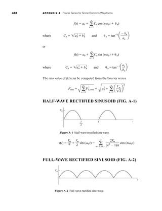 462 APPENDIX A Fourier Series for Some Common Waveforms
where
or
where
The rms value of f(t) can be computed from the Fourier series.
HALF-WAVE RECTIFIED SINUSOID (FIG. A-1)
Figure A-1 Half-wave rectified sine wave.
FULL-WAVE RECTIFIED SINUSOID (FIG. A-2)
Figure A-2 Full-wave rectified sine wave.
Vm
t
v(t) 
Vm
 
Vm
2
sin (0t)  a
q
n2,4,6Á
2Vm
(n2
 1)
cos (n0t)
Vm
T
2
T t
B
a2
0  a
q
n1
a
Cn
12
b
2
Frms 
A a
q
n0
F2
n,rms 
and n  tan1
a
an
bn
b
Cn  2a2
n  b2
n
f(t)  a0  a
q
n1
Cn sin (n0 t  n)
and n  tan1
a
bn
an
b
Cn  2a2
n  b2
n
f(t)  a0  a
q
n1
Cn cos(n0t  n)
har80679_appa_461-466.qxd 12/3/09 4:24 PM Page 462
 