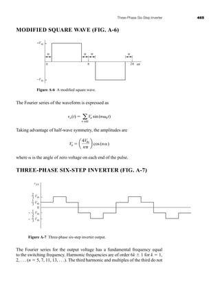 Three-Phase Six-Step Inverter 465
MODIFIED SQUARE WAVE (FIG. A-6)
Figure A-6 A modified square wave.
The Fourier series of the waveform is expressed as
Taking advantage of half-wave symmetry, the amplitudes are
where is the angle of zero voltage on each end of the pulse.
THREE-PHASE SIX-STEP INVERTER (FIG. A-7)
Vn  a
4Vdc
n
b cos(n )
vo(t)  a
n odd
Vn sin(n0t)
+Vdc
−Vdc
α
0
α
π
α
2π wt
α
0
vAN
Vdc
1
3
Vdc
2
3
Vdc
2
3
−
Vdc
1
3
−
Figure A-7 Three-phase six-step inverter output.
The Fourier series for the output voltage has a fundamental frequency equal
to the switching frequency. Harmonic frequencies are of order 6k  1 for k  1,
2, . . . (n  5, 7, 11, 13, . . .). The third harmonic and multiples of the third do not
har80679_appa_461-466.qxd 12/3/09 4:24 PM Page 465
 