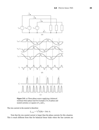 2.5 Effective Values: RMS 39
The rms current in the neutral is therefore
Note that the rms neutral current is larger than the phase currents for this situation.
This is much different from that for balanced linear loads where the line currents are
In, rms  23(20)  34.6 A
Figure 2-8 (a) Three-phase source supplying a balanced
nonlinear three-phase load for Example 2-8; (b) phase and
neutral currents; (c) squares of ia and in.
+
-
+
-
+
-
ia
i2
a
i2
n
van vbn vcn
ib
ic
in
(a)
(b)
(c)
van, ia
vbn, ib
vcn, ic
in
har80679_ch02_021-064.qxd 12/15/09 3:01 PM Page 39
 