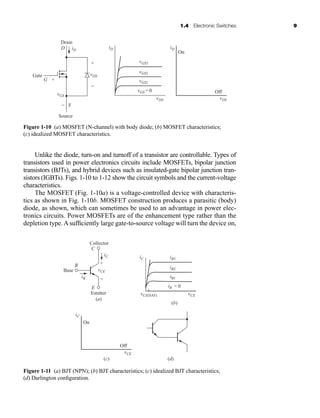1.4 Electronic Switches 9
Unlike the diode, turn-on and turnoff of a transistor are controllable. Types of
transistors used in power electronics circuits include MOSFETs, bipolar junction
transistors (BJTs), and hybrid devices such as insulated-gate bipolar junction tran-
sistors (IGBTs). Figs. 1-10 to 1-12 show the circuit symbols and the current-voltage
characteristics.
The MOSFET (Fig. 1-10a) is a voltage-controlled device with characteris-
tics as shown in Fig. 1-10b. MOSFET construction produces a parasitic (body)
diode, as shown, which can sometimes be used to an advantage in power elec-
tronics circuits. Power MOSFETs are of the enhancement type rather than the
depletion type. A sufficiently large gate-to-source voltage will turn the device on,
iD
On
Off
vDS
iD
iD
vGS3
vDS
vGS2
vGS1
vGS = 0
vGS
vDS
Drain
D
Source
S
Gate
G
+
+
−
−
Figure 1-10 (a) MOSFET (N-channel) with body diode; (b) MOSFET characteristics;
(c) idealized MOSFET characteristics.
(a)
(b)
(c) (d)
Emitter
Base
Collector
C
B
E
iC
iB
vCE
+
−
iC iB3
vCE
vCE(SAT)
iB2
iB1
iB = 0
iC
On
Off
vCE
Figure 1-11 (a) BJT (NPN); (b) BJT characteristics; (c) idealized BJT characteristics;
(d) Darlington configuration.
har80679_ch01_001-020.qxd 12/15/09 2:27 PM Page 9
 