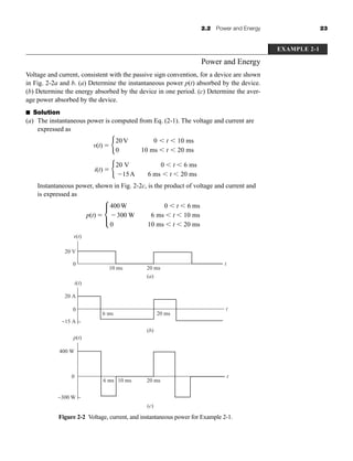 2.2 Power and Energy 23
Power and Energy
Voltage and current, consistent with the passive sign convention, for a device are shown
in Fig. 2-2a and b. (a) Determine the instantaneous power p(t) absorbed by the device.
(b) Determine the energy absorbed by the device in one period. (c) Determine the aver-
age power absorbed by the device.
■ Solution
(a) The instantaneous power is computed from Eq. (2-1). The voltage and current are
expressed as
Instantaneous power, shown in Fig. 2-2c, is the product of voltage and current and
is expressed as
p(t)  c
400W
300 W
0
0  t  6 ms
6 ms  t  10 ms
10 ms  t  20 ms
i(t)  b
20 V
15A
0  t  6 ms
6 ms  t  20 ms
v(t)  b
20 V
0
0  t  10 ms
10 ms  t  20 ms
EXAMPLE 2-1
Figure 2-2 Voltage, current, and instantaneous power for Example 2-1.
v(t)
20 V
i(t)
20 A
0
−15 A
p(t)
400 W
0
−300 W
0 t
10 ms 20 ms
(a)
t
6 ms 20 ms
(b)
(c)
t
6 ms 20 ms
10 ms
har80679_ch02_021-064.qxd 12/15/09 3:01 PM Page 23
 