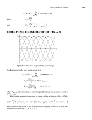 Three-Phase Bridge Rectifier 463
vo(t)  Vo  a
q
n2,4,Á
Vn cos (n0t  )
where
and
THREE-PHASE BRIDGE RECTIFIER (FIG. A-3)
Figure A-3 Three-phase six-pulse bridge rectifier output.
The Fourier series for a six-pulse converter is
where Vm,LL is the peak line-to-line voltage of the three-phase source, which is
VLL,rms.
The Fourier series of the currents in phase a of the ac line (see Fig. 4-17) is
which consists of terms at the fundamental frequency of the ac system and
harmonics of order 6k  1, k  1, 2, 3, . . . .
ia(t) 
213

Io acos 0t 
1
5
cos 50t 
1
7
cos 70t 
1
11
cos 110t 
1
13
cos 130t  Á b
12
Vn 
6Vm,LL
(n2
 1)
n  6, 12, 18, Á
Vo 
3Vm,LL

 0.955 Vm,LL
vo(t)  Vo  a
q
n6,12,18,Á
Vn cos (n0t  )
Vm
t
Vn 
2Vm

a
1
n  1

1
n  1
b
Vo 
2Vm

har80679_appa_461-466.qxd 12/3/09 4:24 PM Page 463
 
