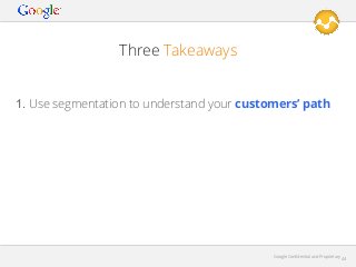 Three Takeaways
1. Use segmentation to understand your customers’ path

Google Conﬁdential and Proprietary

44

 