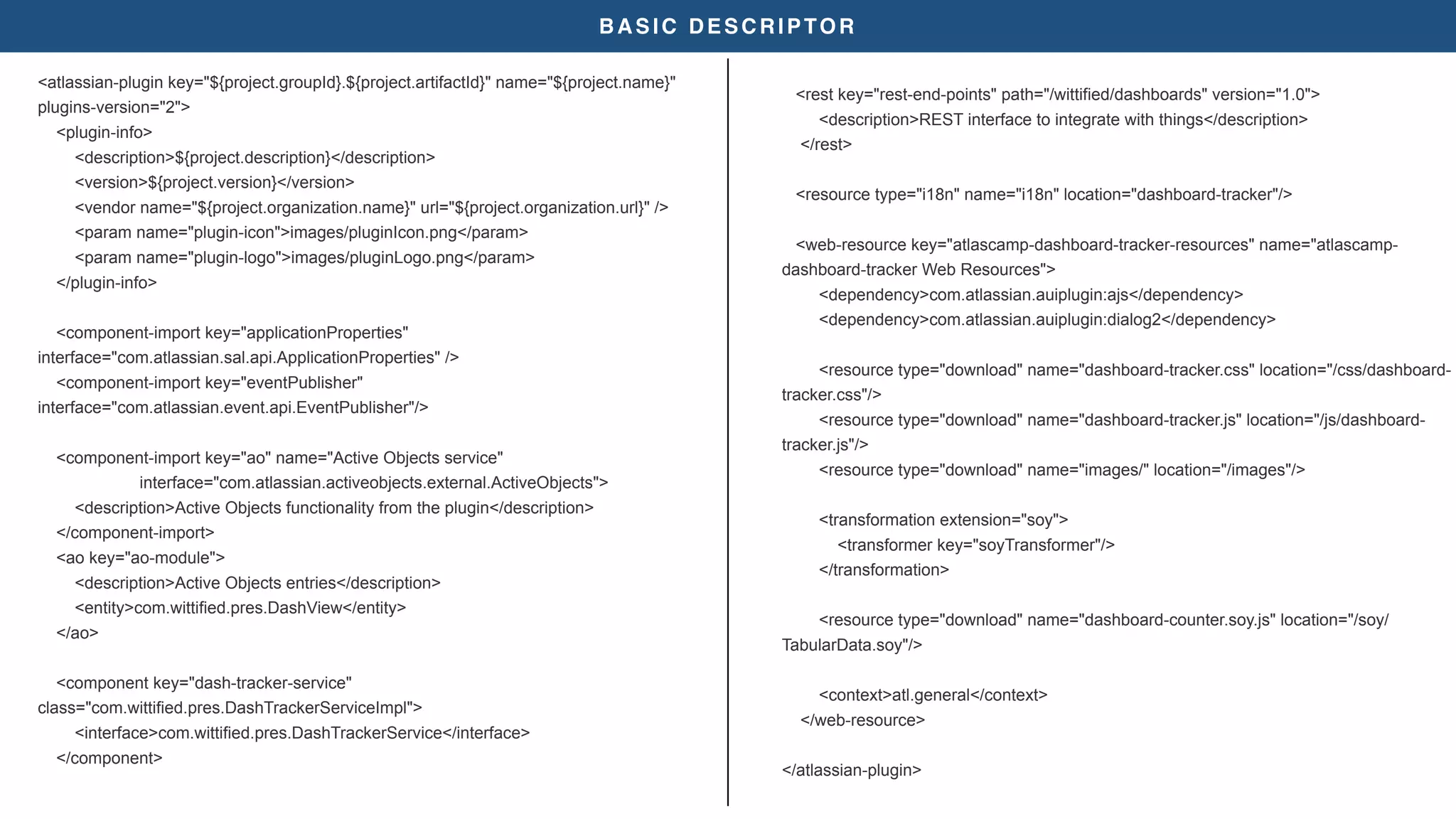 BASIC DESCRIPTOR
<atlassian-plugin key="${project.groupId}.${project.artifactId}" name="${project.name}"
plugins-version="2">
<plugin-info>
<description>${project.description}</description>
<version>${project.version}</version>
<vendor name="${project.organization.name}" url="${project.organization.url}" />
<param name="plugin-icon">images/pluginIcon.png</param>
<param name="plugin-logo">images/pluginLogo.png</param>
</plugin-info>
<component-import key="applicationProperties"
interface="com.atlassian.sal.api.ApplicationProperties" />
<component-import key="eventPublisher"
interface="com.atlassian.event.api.EventPublisher"/>
<component-import key="ao" name="Active Objects service"
interface="com.atlassian.activeobjects.external.ActiveObjects">
<description>Active Objects functionality from the plugin</description>
</component-import>
<ao key="ao-module">
<description>Active Objects entries</description>
<entity>com.wittified.pres.DashView</entity>
</ao>
<component key="dash-tracker-service"
class="com.wittified.pres.DashTrackerServiceImpl">
<interface>com.wittified.pres.DashTrackerService</interface>
</component>
<rest key="rest-end-points" path="/wittified/dashboards" version="1.0">
<description>REST interface to integrate with things</description>
</rest>
<resource type="i18n" name="i18n" location="dashboard-tracker"/>
<web-resource key="atlascamp-dashboard-tracker-resources" name="atlascamp-
dashboard-tracker Web Resources">
<dependency>com.atlassian.auiplugin:ajs</dependency>
<dependency>com.atlassian.auiplugin:dialog2</dependency>
<resource type="download" name="dashboard-tracker.css" location="/css/dashboard-
tracker.css"/>
<resource type="download" name="dashboard-tracker.js" location="/js/dashboard-
tracker.js"/>
<resource type="download" name="images/" location="/images"/>
<transformation extension="soy">
<transformer key="soyTransformer"/>
</transformation>
<resource type="download" name="dashboard-counter.soy.js" location="/soy/
TabularData.soy"/>
<context>atl.general</context>
</web-resource>
</atlassian-plugin>
 