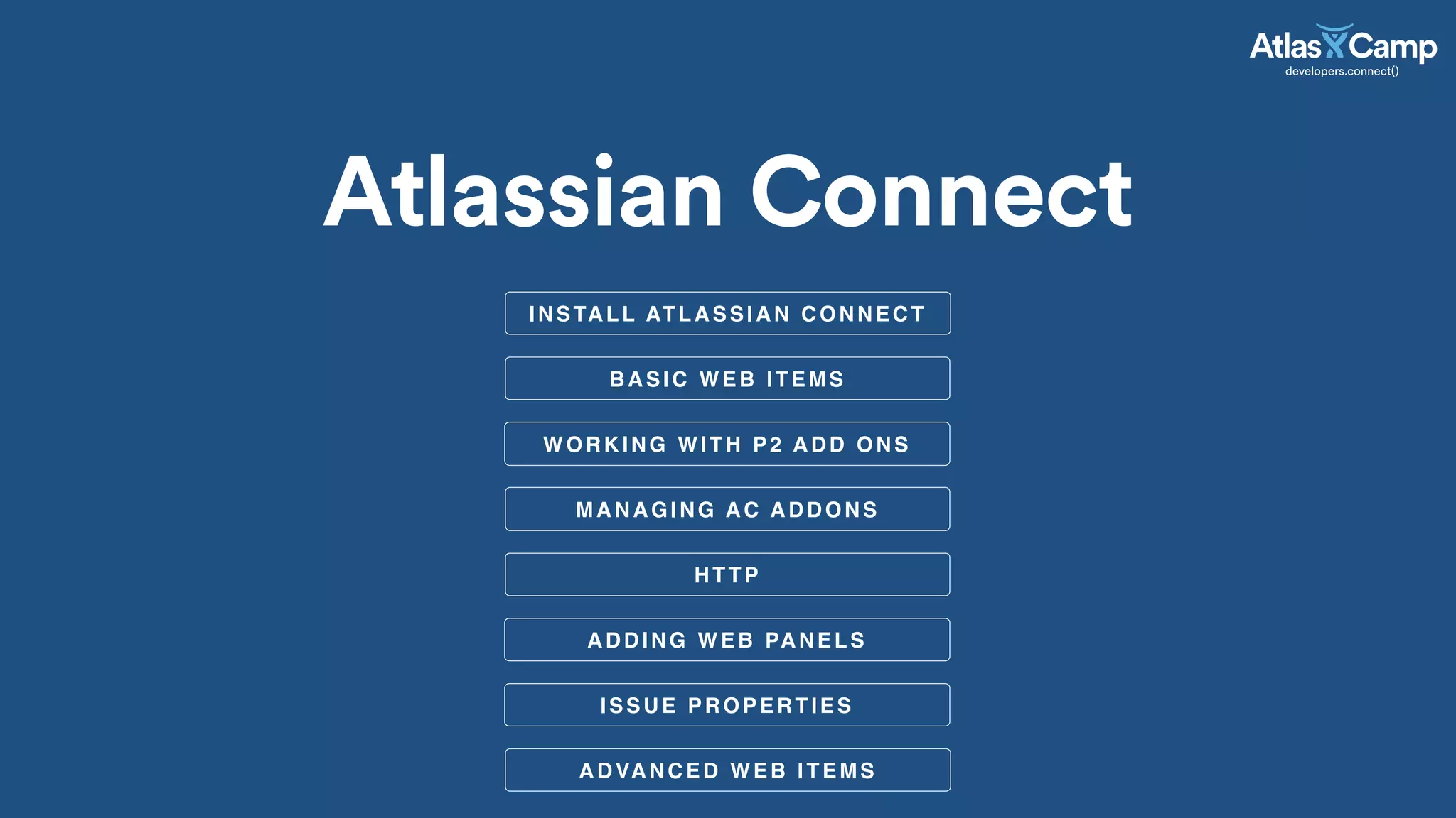BASIC WEB ITEMS
Atlassian Connect
WORKING WITH P2 ADD ONS
MANAGING AC ADDONS
HTTP
ADDING WEB PANELS
ISSUE PROPERTIES
ADVANCED WEB ITEMS
INSTALL ATLASSIAN CONNECT
 