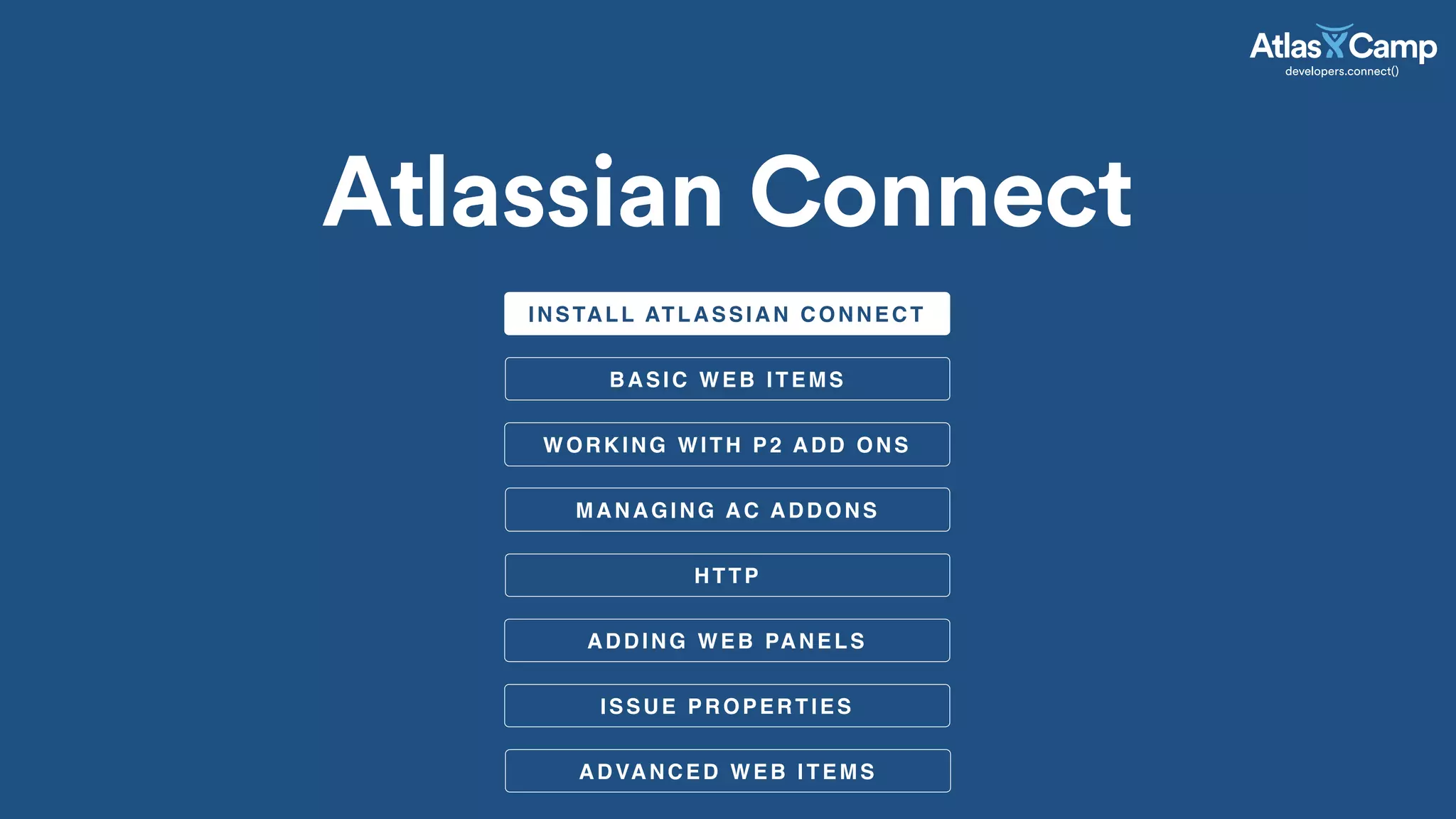BASIC WEB ITEMS
INSTALL ATLASSIAN CONNECT
Atlassian Connect
WORKING WITH P2 ADD ONS
MANAGING AC ADDONS
HTTP
ADDING WEB PANELS
ISSUE PROPERTIES
ADVANCED WEB ITEMS
 