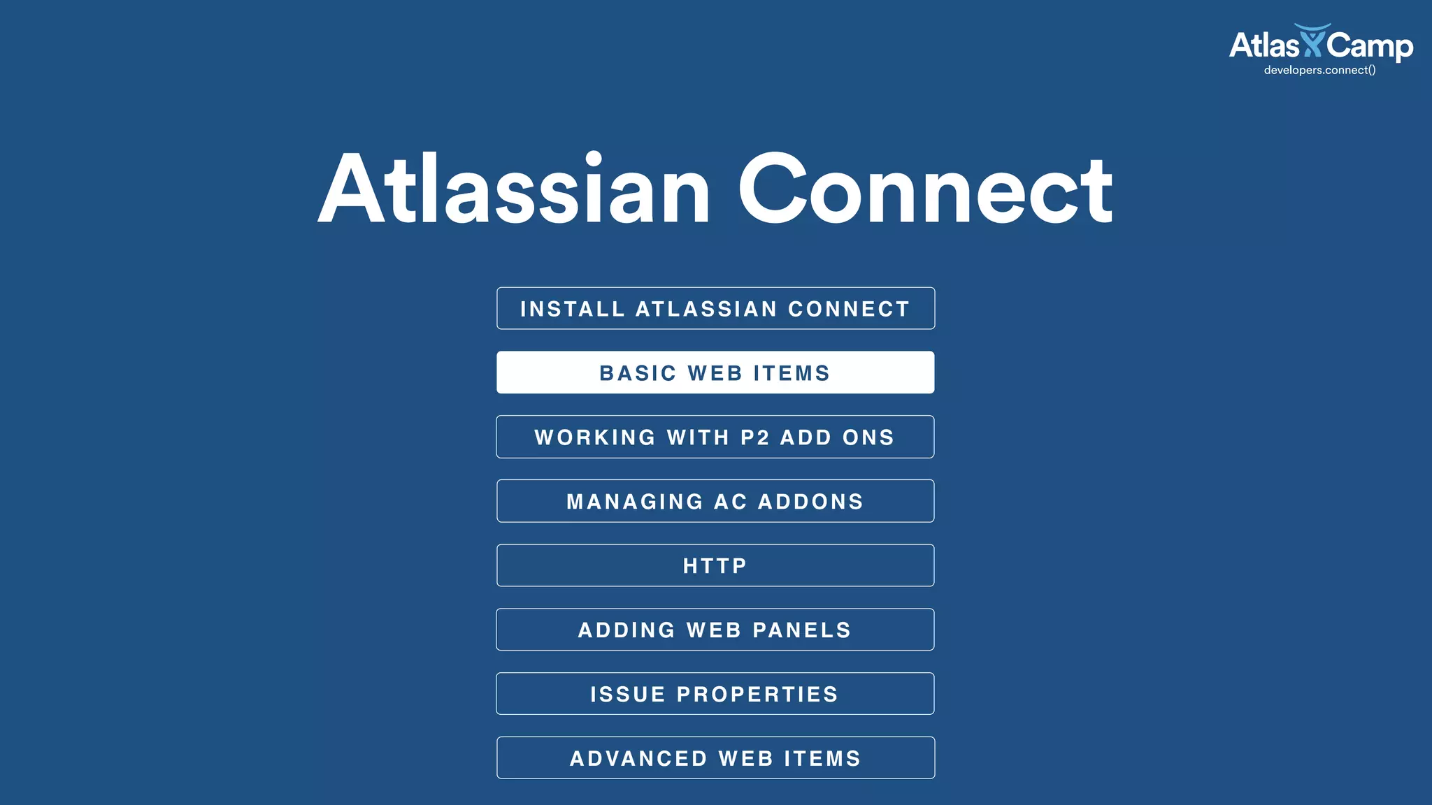 INSTALL ATLASSIAN CONNECT
BASIC WEB ITEMS
Atlassian Connect
WORKING WITH P2 ADD ONS
MANAGING AC ADDONS
HTTP
ADDING WEB PANELS
ISSUE PROPERTIES
ADVANCED WEB ITEMS
 