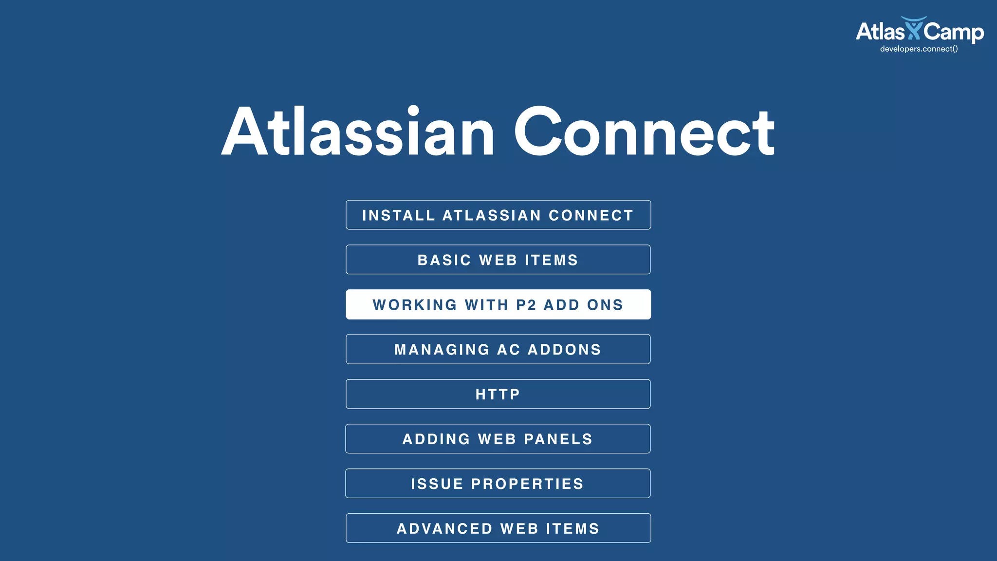 BASIC WEB ITEMS
WORKING WITH P2 ADD ONS
Atlassian Connect
MANAGING AC ADDONS
HTTP
ADDING WEB PANELS
ISSUE PROPERTIES
ADVANCED WEB ITEMS
INSTALL ATLASSIAN CONNECT
 