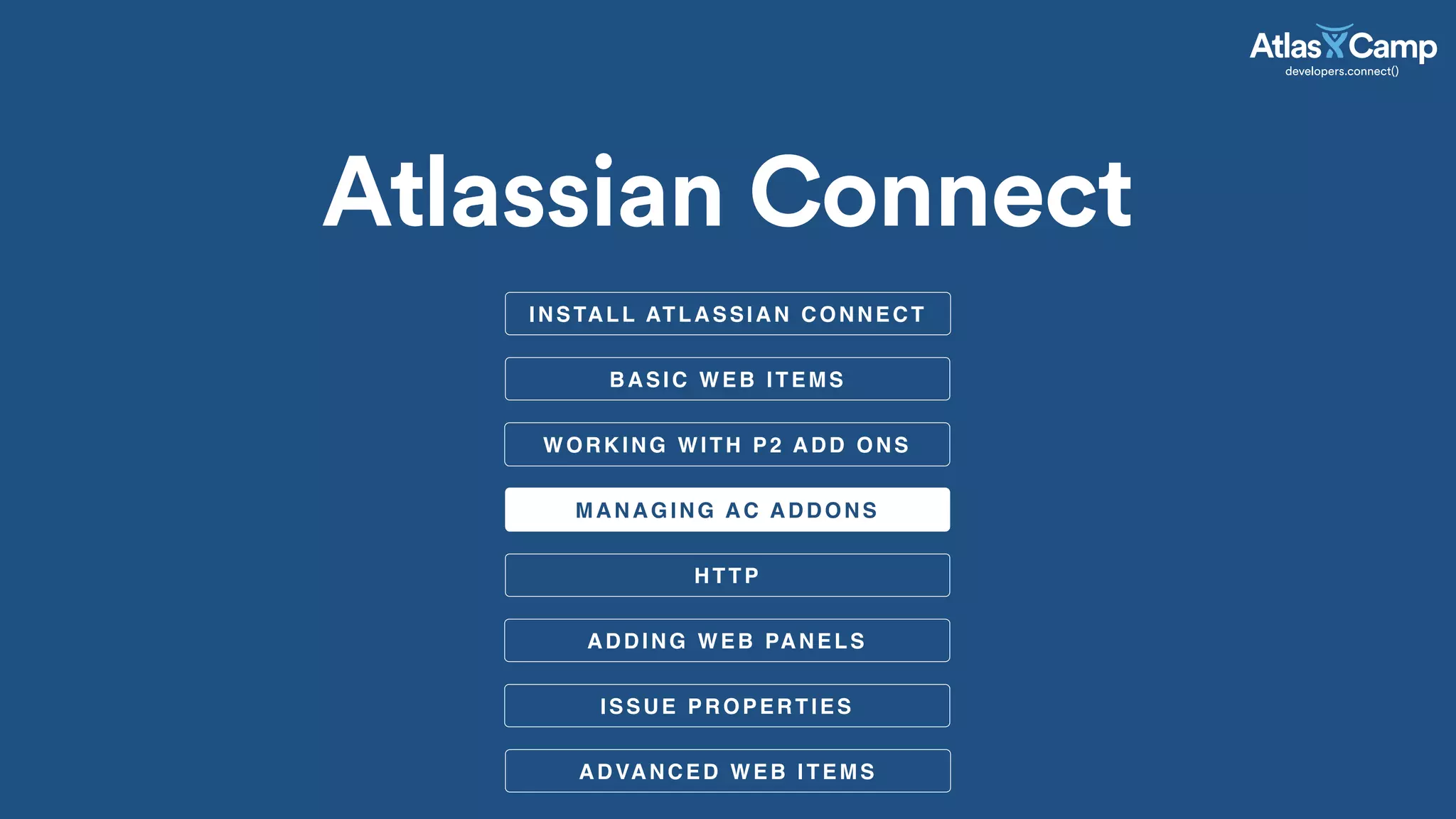 BASIC WEB ITEMS
MANAGING AC ADDONS
Atlassian Connect
WORKING WITH P2 ADD ONS
HTTP
ADDING WEB PANELS
ISSUE PROPERTIES
ADVANCED WEB ITEMS
INSTALL ATLASSIAN CONNECT
 