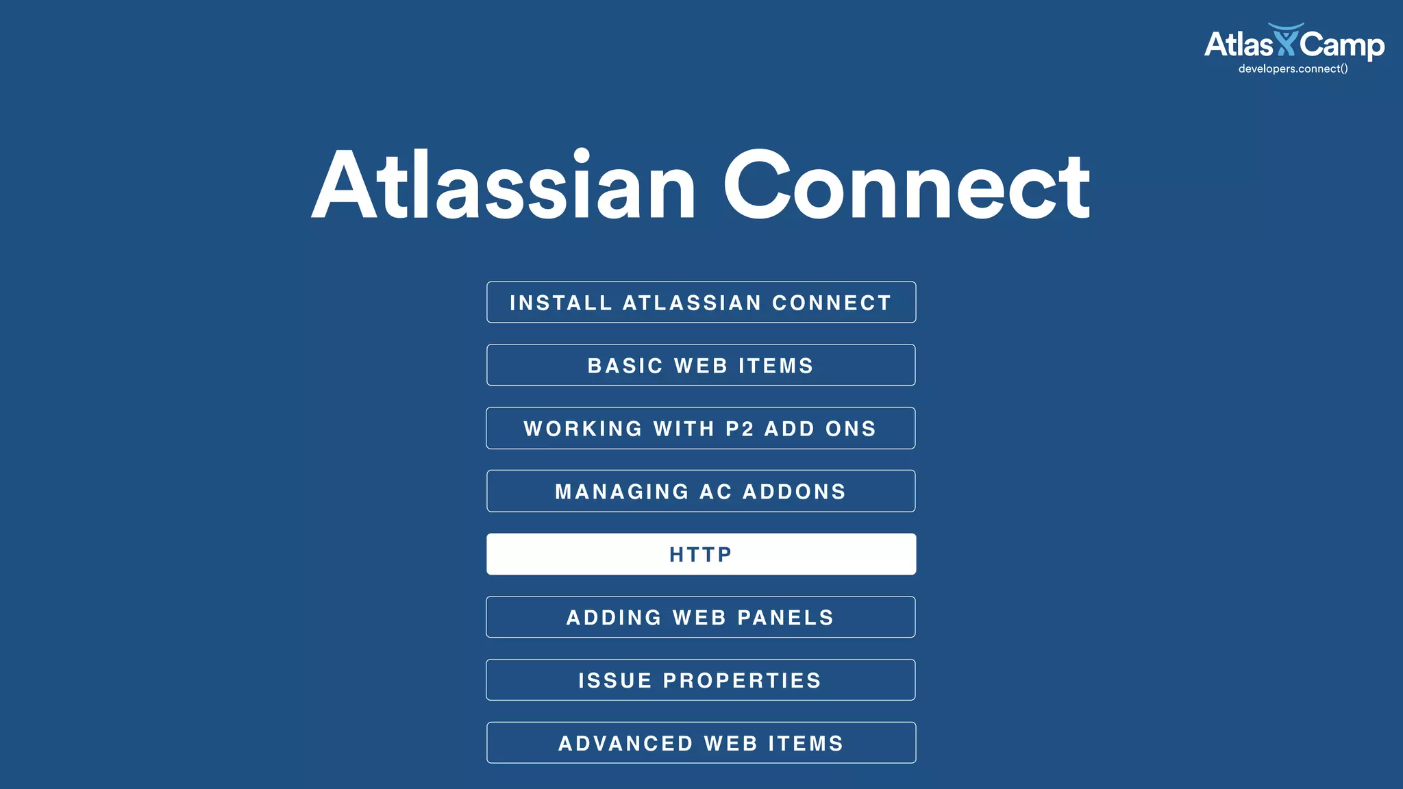 BASIC WEB ITEMS
HTTP
Atlassian Connect
WORKING WITH P2 ADD ONS
MANAGING AC ADDONS
ADDING WEB PANELS
ISSUE PROPERTIES
ADVANCED WEB ITEMS
INSTALL ATLASSIAN CONNECT
 