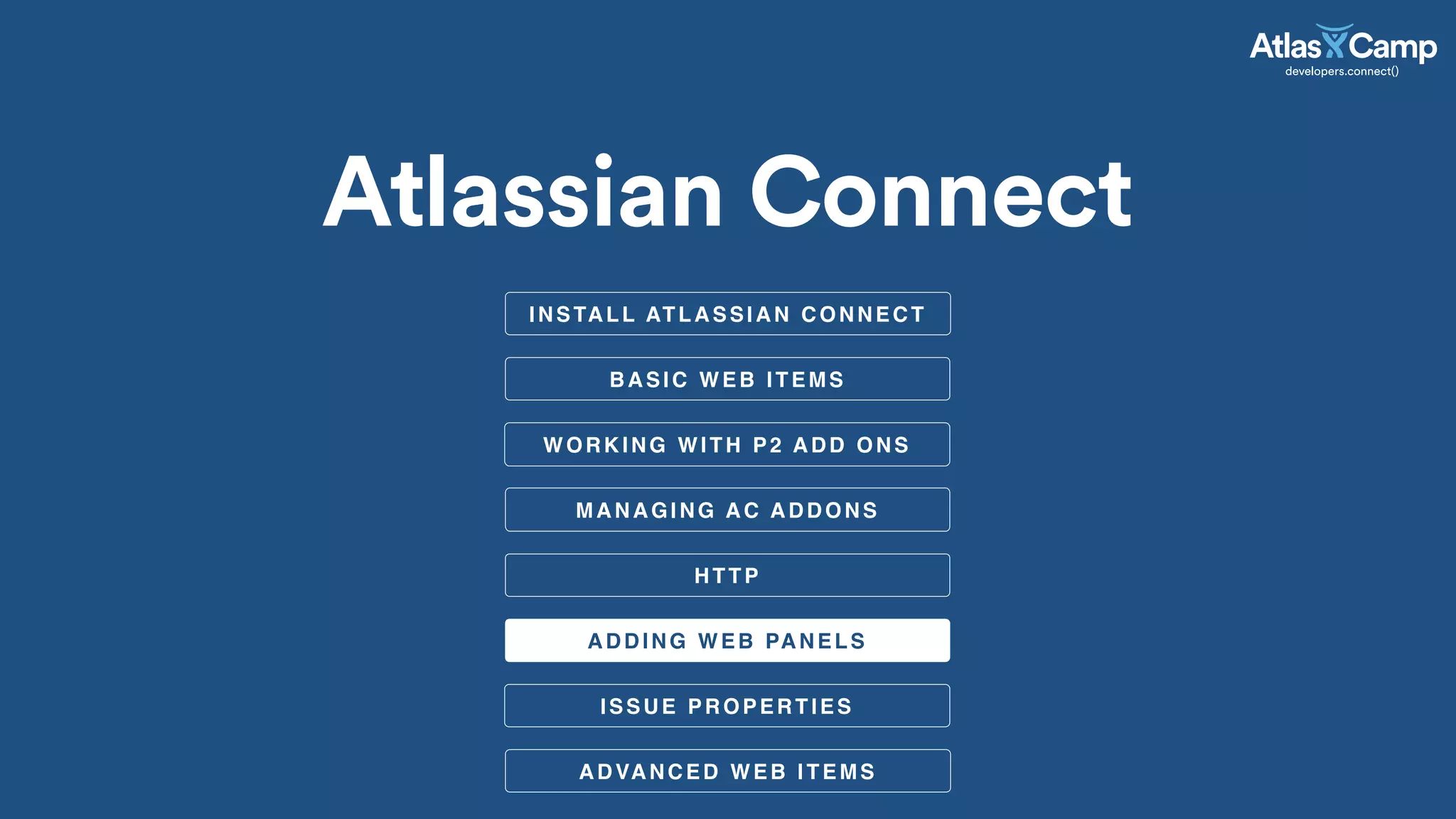 BASIC WEB ITEMS
ADDING WEB PANELS
Atlassian Connect
WORKING WITH P2 ADD ONS
MANAGING AC ADDONS
HTTP
ISSUE PROPERTIES
ADVANCED WEB ITEMS
INSTALL ATLASSIAN CONNECT
 