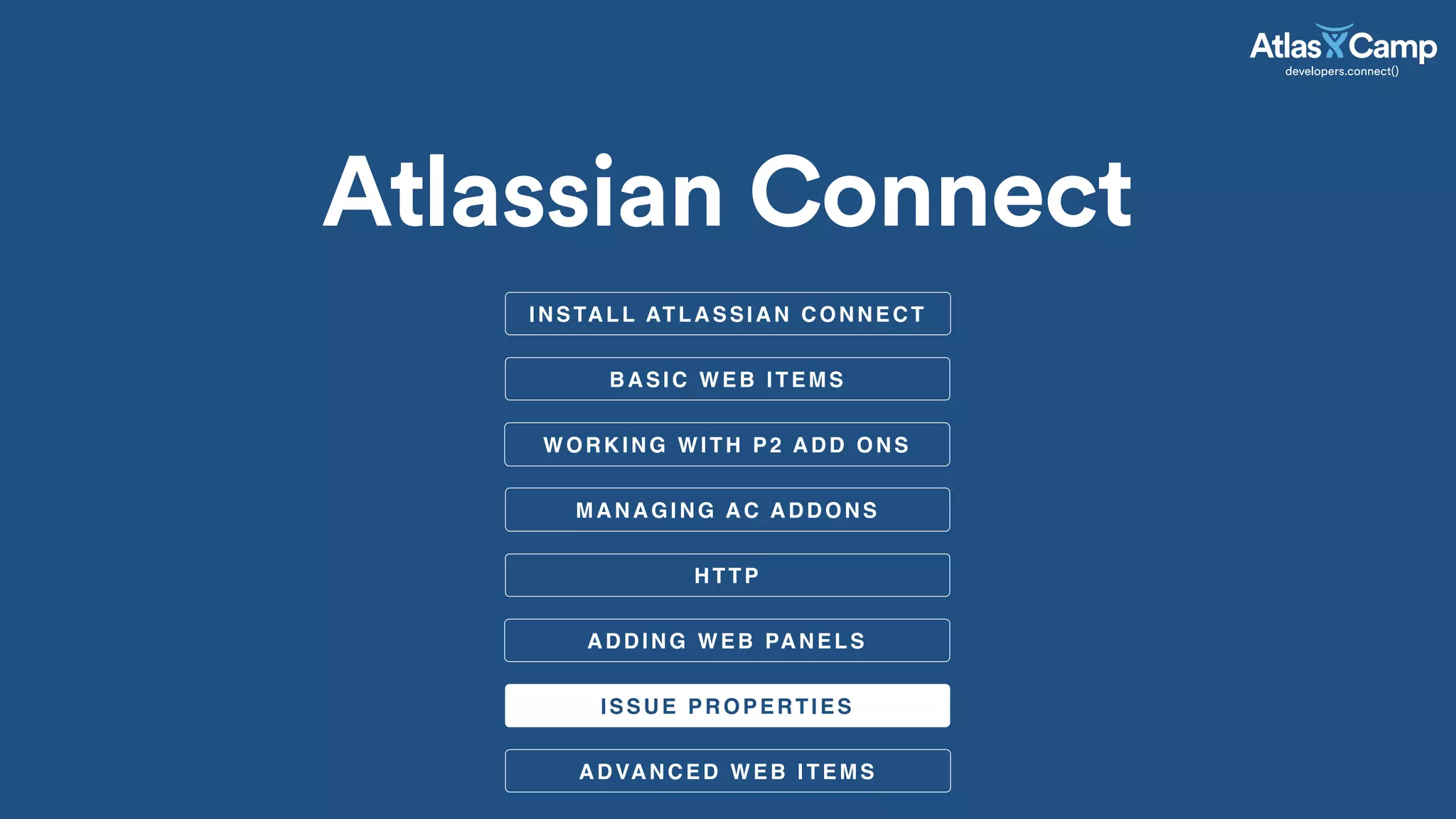 BASIC WEB ITEMS
ISSUE PROPERTIES
Atlassian Connect
WORKING WITH P2 ADD ONS
MANAGING AC ADDONS
HTTP
ADDING WEB PANELS
ADVANCED WEB ITEMS
INSTALL ATLASSIAN CONNECT
 