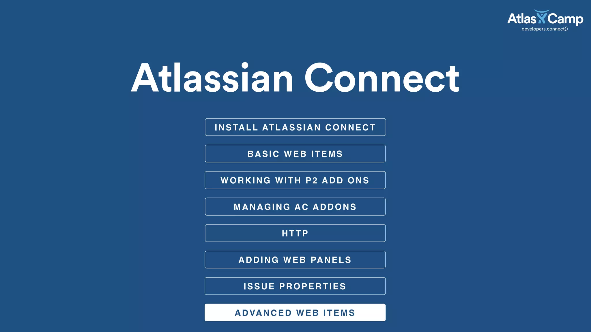 BASIC WEB ITEMS
ADVANCED WEB ITEMS
Atlassian Connect
WORKING WITH P2 ADD ONS
MANAGING AC ADDONS
HTTP
ADDING WEB PANELS
ISSUE PROPERTIES
INSTALL ATLASSIAN CONNECT
 
