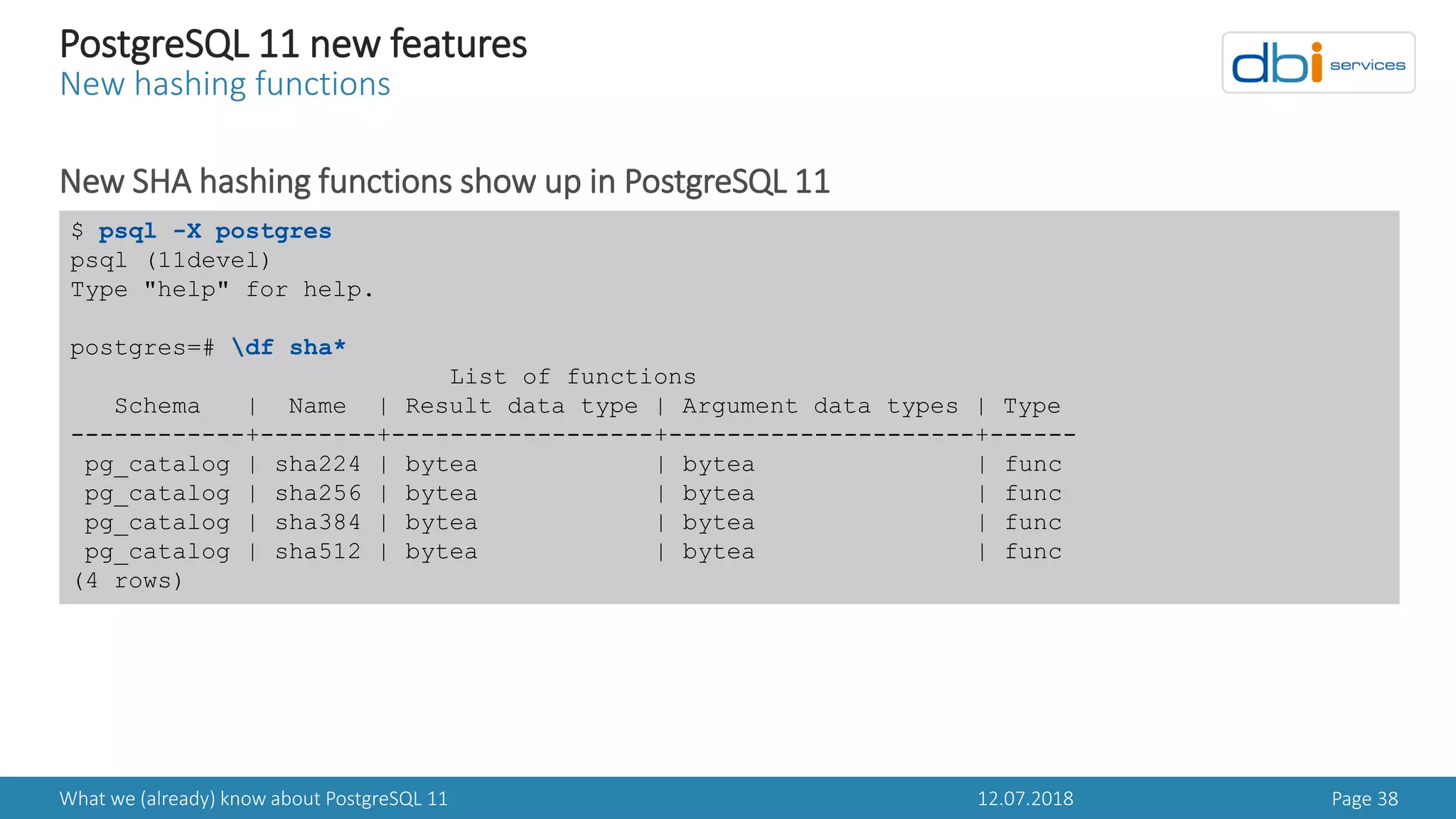 12.07.2018What we (already) know about PostgreSQL 11 Page 38
PostgreSQL 11 new features
New hashing functions
New SHA hashing functions show up in PostgreSQL 11
$ psql -X postgres
psql (11devel)
Type "help" for help.
postgres=# df sha*
List of functions
Schema | Name | Result data type | Argument data types | Type
------------+--------+------------------+---------------------+------
pg_catalog | sha224 | bytea | bytea | func
pg_catalog | sha256 | bytea | bytea | func
pg_catalog | sha384 | bytea | bytea | func
pg_catalog | sha512 | bytea | bytea | func
(4 rows)
 
