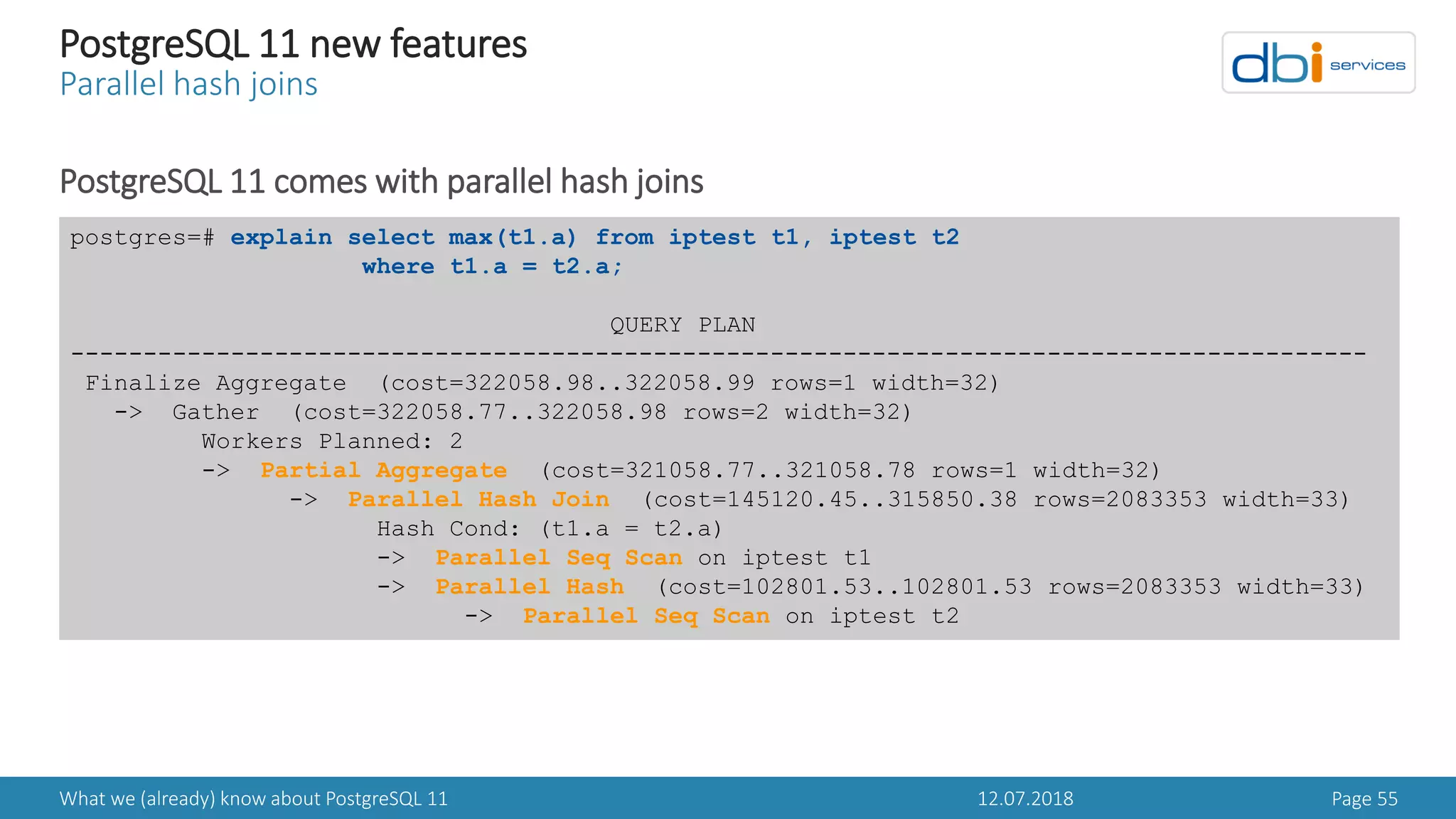 12.07.2018What we (already) know about PostgreSQL 11 Page 55
PostgreSQL 11 new features
Parallel hash joins
PostgreSQL 11 comes with parallel hash joins
postgres=# explain select max(t1.a) from iptest t1, iptest t2
where t1.a = t2.a;
QUERY PLAN
-----------------------------------------------------------------------------------------
Finalize Aggregate (cost=322058.98..322058.99 rows=1 width=32)
-> Gather (cost=322058.77..322058.98 rows=2 width=32)
Workers Planned: 2
-> Partial Aggregate (cost=321058.77..321058.78 rows=1 width=32)
-> Parallel Hash Join (cost=145120.45..315850.38 rows=2083353 width=33)
Hash Cond: (t1.a = t2.a)
-> Parallel Seq Scan on iptest t1
-> Parallel Hash (cost=102801.53..102801.53 rows=2083353 width=33)
-> Parallel Seq Scan on iptest t2
 
