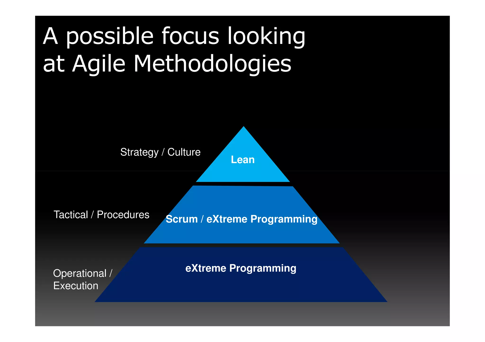 A possible focus looking
at Agile Methodologies


                Strategy / Culture
                                     Lean




 Tactical / Procedures    Scrum / eXtreme Programming




Operational /                 eXtreme Programming
Execution
 