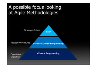 A possible focus looking
at Agile Methodologies


                Strategy / Culture
                                     Lean




 Tactical / Procedures    Scrum / eXtreme Programming




Operational /                 eXtreme Programming
Execution
 
