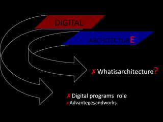 DIGITAL
          ARCHITECTURE



           ✗Whatisarchitecture?


  ✗Digital programs role
  ✗Advantegesandworks
 