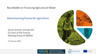 Roundtable on Financing Agricultural Water
Mainstreaming finance for agriculture
Daniel Zimmer, Climate-KIC
Co-chair of the Finance
Working Group of WASAG
27 January 2021
 