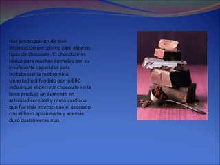 Hay preocupación de leve intoxicación por plomo para algunos tipos de chocolate. El chocolate es tóxico para muchos animales por su insuficiente capacidad para metabolizar la teobromina. Un estudio difundido por la BBC indicó que el derretir chocolate en la boca produjo un aumento en actividad cerebral y ritmo cardíaco que fue más intenso que el asociado con el beso apasionado y además duró cuatro veces más. 