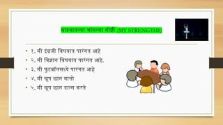 माझ्यातल्या चांगल्या गोष्टी (MY STRENGTHS)
• १. मी इंग्रजी विषयात पारंगत आहे
• २. मी विज्ञान विषयात पारंगत आहे.
• ३. मी फु टबॉलमध्ये पारंगत आहे
• ४. मी खूप छान गातो
• ५. मी खूप छान डान्स करते
 