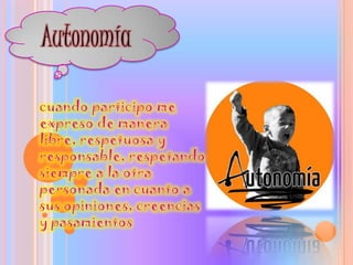 Autonomíacuando participo me expreso de manera libre, respetuosa y responsable, respetando siempre a la otra personada en cuanto a sus opiniones, creencias y pasamientos 